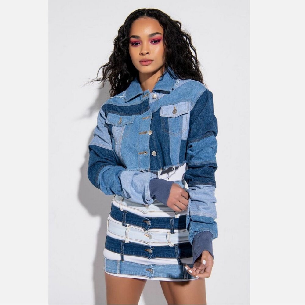 NWOT Azalea Wang Bomba Stacked Patch Work Crop Denim Jacket